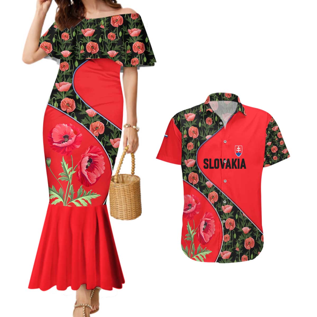 Slovakia Coat of Arms Couples Matching Mermaid Dress and Hawaiian Shirt with Red Poppy Flowers and Bold Flag Colors Design - Wonder Print Shop