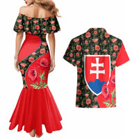 Slovakia Coat of Arms Couples Matching Mermaid Dress and Hawaiian Shirt with Red Poppy Flowers and Bold Flag Colors Design - Wonder Print Shop