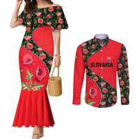 Slovakia Coat of Arms Couples Matching Mermaid Dress and Long Sleeve Button Shirt with Red Poppy Flowers and Bold Flag Colors Design - Wonder Print Shop