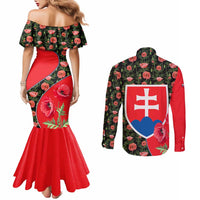 Slovakia Coat of Arms Couples Matching Mermaid Dress and Long Sleeve Button Shirt with Red Poppy Flowers and Bold Flag Colors Design - Wonder Print Shop