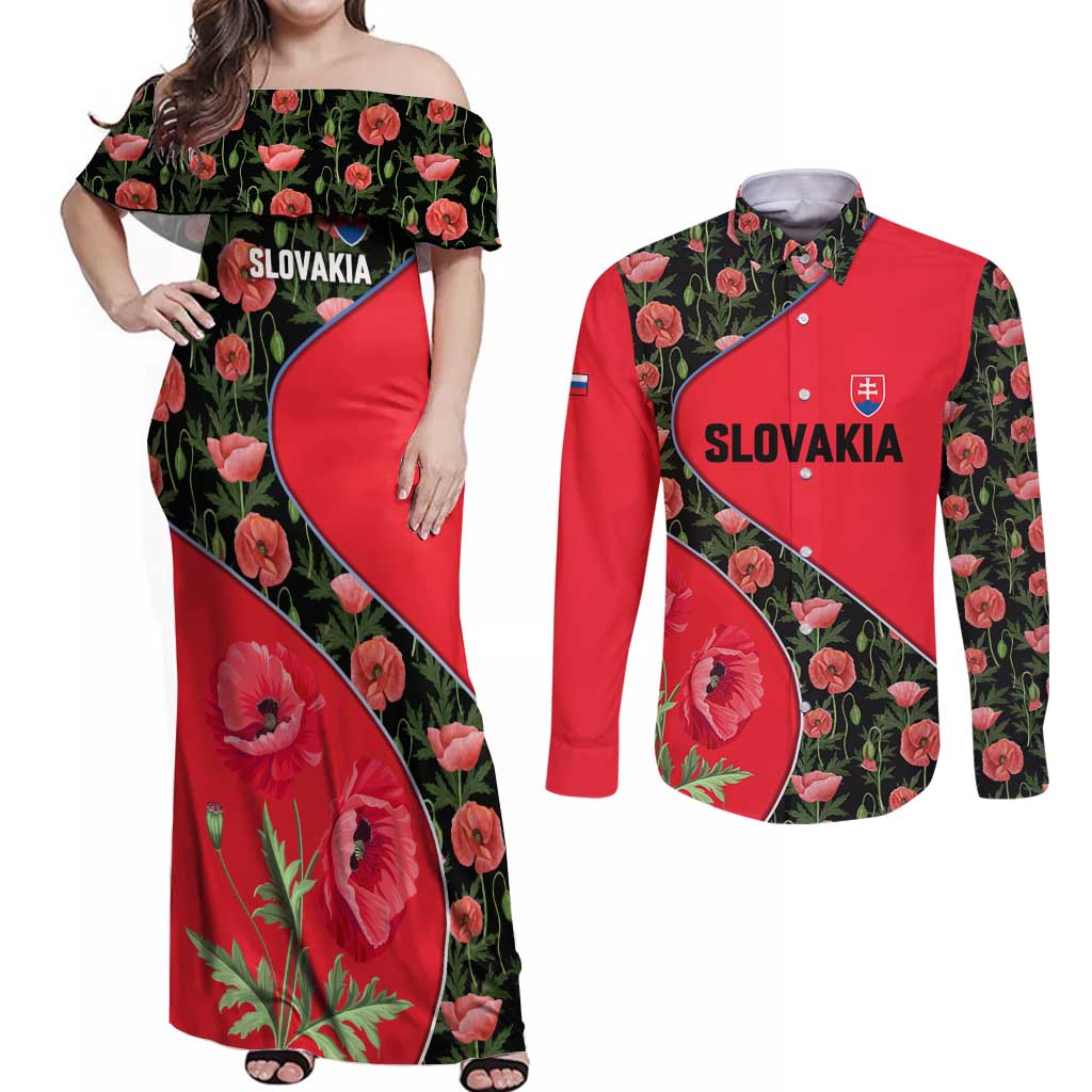 Slovakia Coat of Arms Couples Matching Off Shoulder Maxi Dress and Long Sleeve Button Shirt with Red Poppy Flowers and Bold Flag Colors Design - Wonder Print Shop