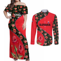 Slovakia Coat of Arms Couples Matching Off Shoulder Maxi Dress and Long Sleeve Button Shirt with Red Poppy Flowers and Bold Flag Colors Design - Wonder Print Shop