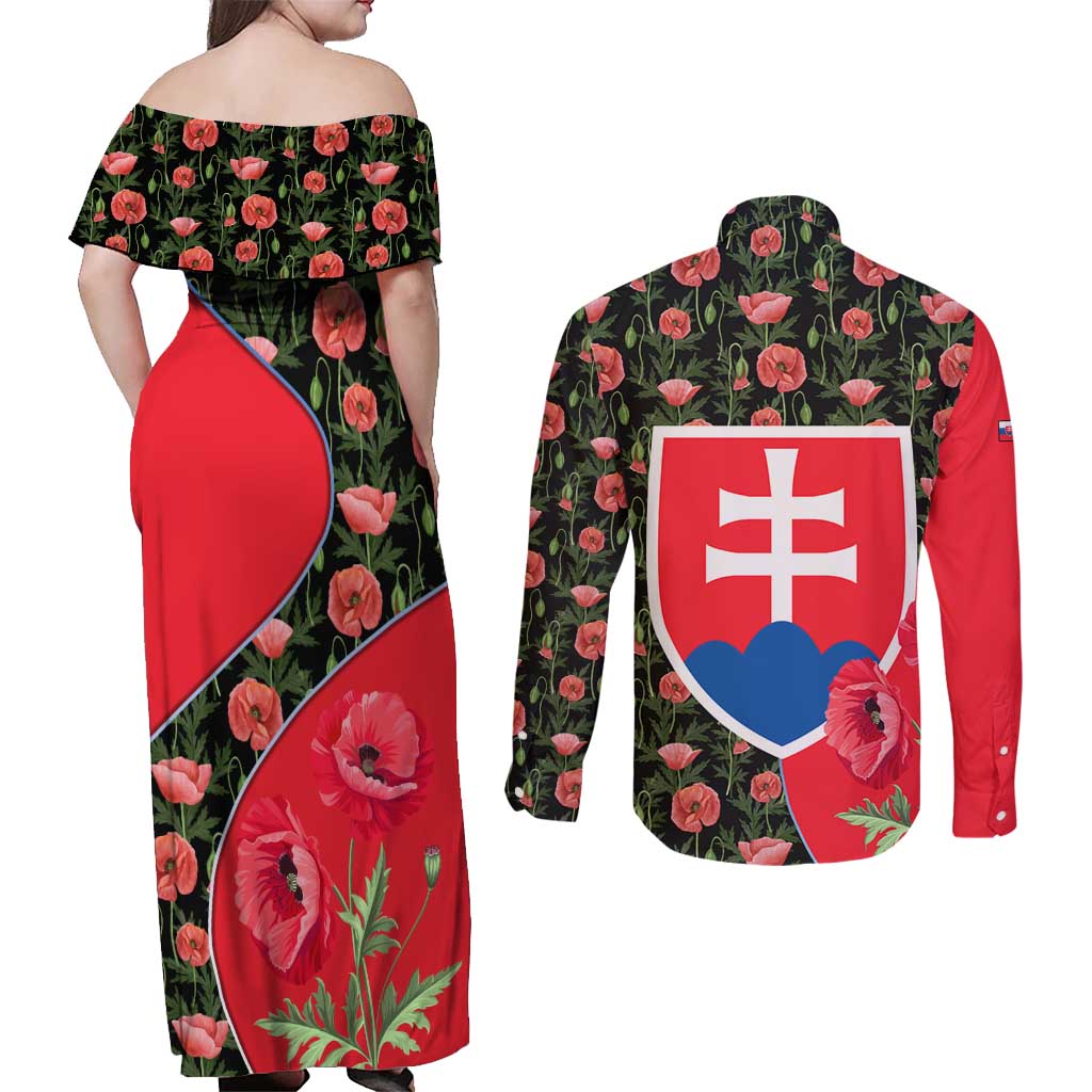 Slovakia Coat of Arms Couples Matching Off Shoulder Maxi Dress and Long Sleeve Button Shirt with Red Poppy Flowers and Bold Flag Colors Design - Wonder Print Shop