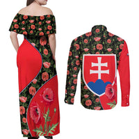 Slovakia Coat of Arms Couples Matching Off Shoulder Maxi Dress and Long Sleeve Button Shirt with Red Poppy Flowers and Bold Flag Colors Design - Wonder Print Shop