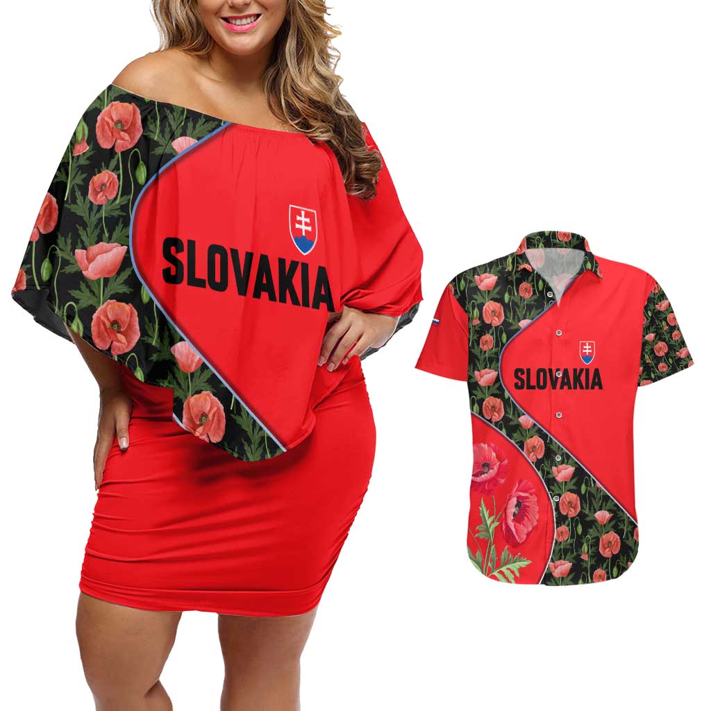 Slovakia Coat of Arms Couples Matching Off Shoulder Short Dress and Hawaiian Shirt with Red Poppy Flowers and Bold Flag Colors Design - Wonder Print Shop