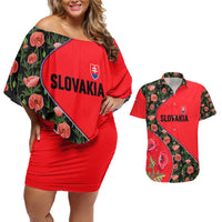 Slovakia Coat of Arms Couples Matching Off Shoulder Short Dress and Hawaiian Shirt with Red Poppy Flowers and Bold Flag Colors Design - Wonder Print Shop