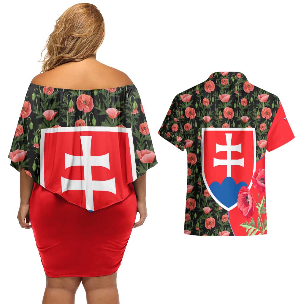 Slovakia Coat of Arms Couples Matching Off Shoulder Short Dress and Hawaiian Shirt with Red Poppy Flowers and Bold Flag Colors Design - Wonder Print Shop