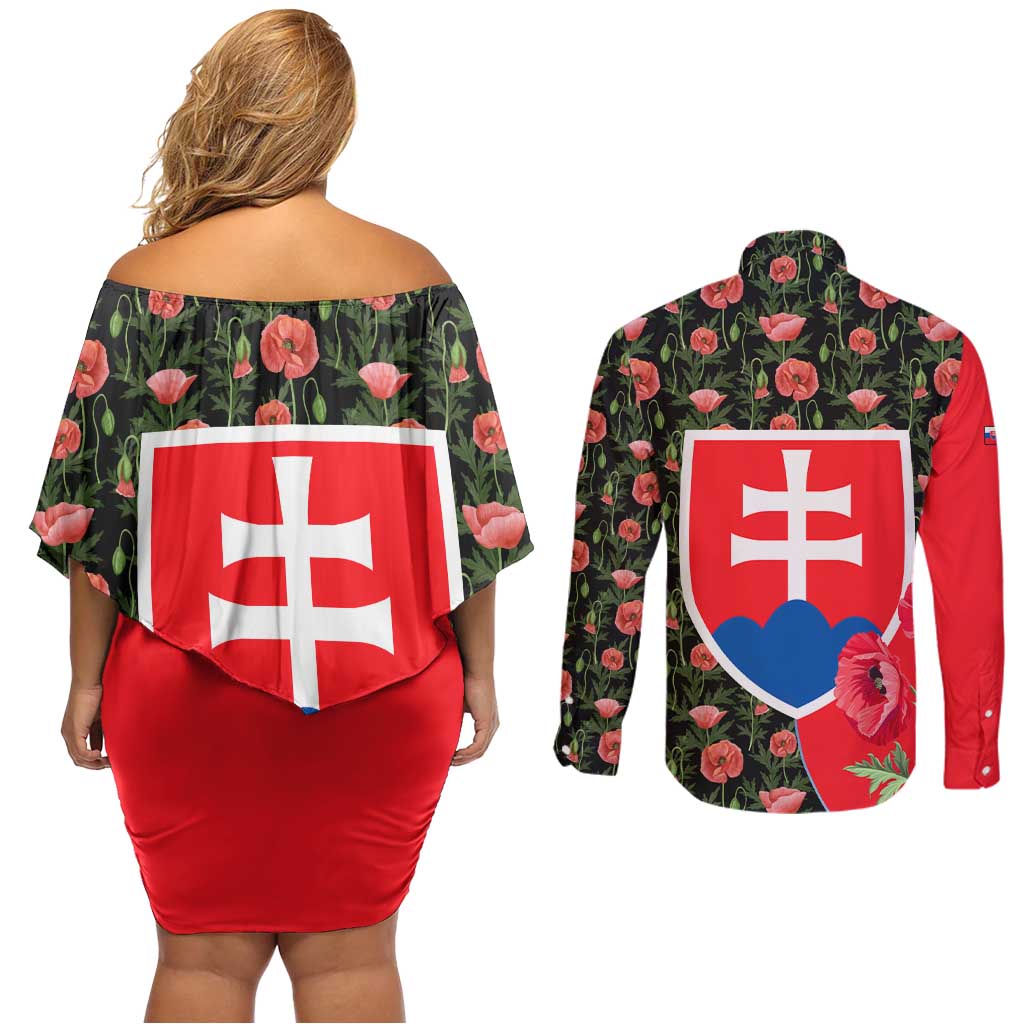 Slovakia Coat of Arms Couples Matching Off Shoulder Short Dress and Long Sleeve Button Shirt with Red Poppy Flowers and Bold Flag Colors Design - Wonder Print Shop