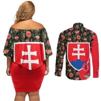 Slovakia Coat of Arms Couples Matching Off Shoulder Short Dress and Long Sleeve Button Shirt with Red Poppy Flowers and Bold Flag Colors Design - Wonder Print Shop
