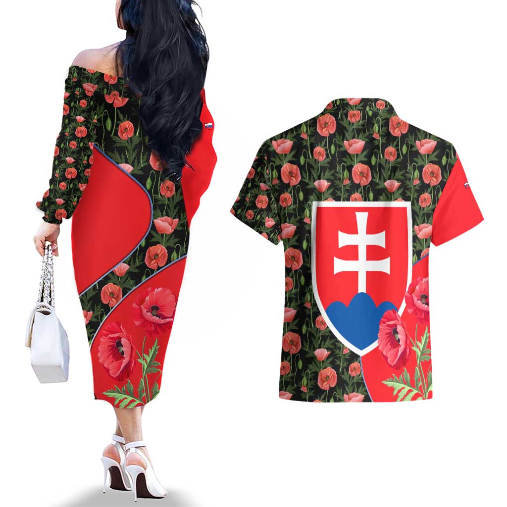 Slovakia Coat of Arms Couples Matching Off The Shoulder Long Sleeve Dress and Hawaiian Shirt with Red Poppy Flowers and Bold Flag Colors Design - Wonder Print Shop