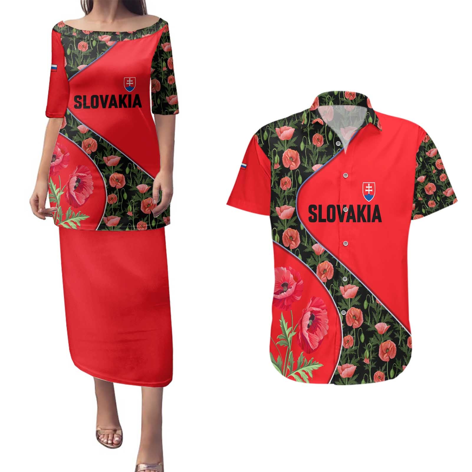 Slovakia Coat of Arms Couples Matching Puletasi and Hawaiian Shirt with Red Poppy Flowers and Bold Flag Colors Design - Wonder Print Shop