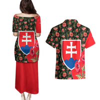 Slovakia Coat of Arms Couples Matching Puletasi and Hawaiian Shirt with Red Poppy Flowers and Bold Flag Colors Design - Wonder Print Shop