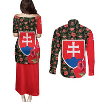 Slovakia Coat of Arms Couples Matching Puletasi and Long Sleeve Button Shirt with Red Poppy Flowers and Bold Flag Colors Design - Wonder Print Shop