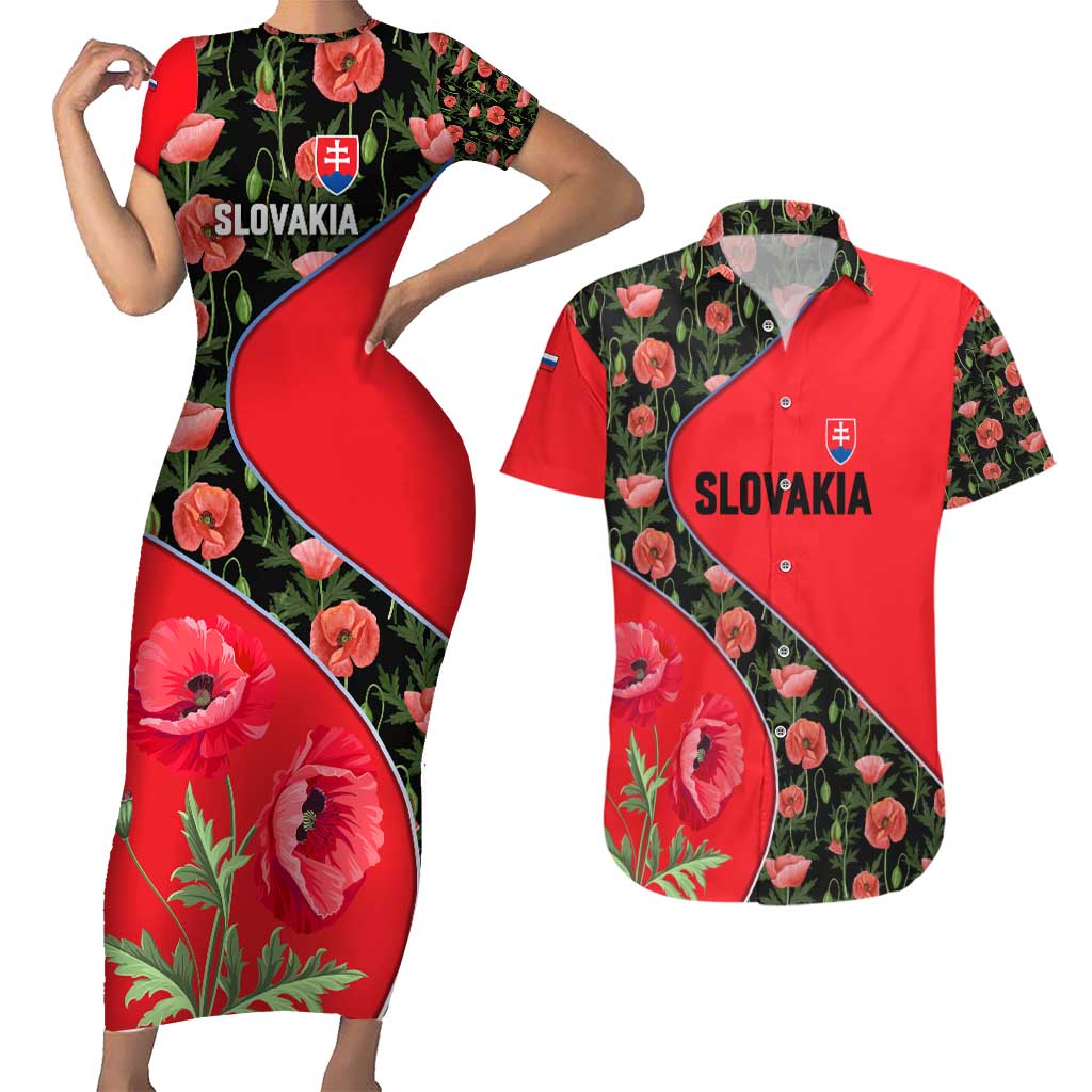 Slovakia Coat of Arms Couples Matching Short Sleeve Bodycon Dress and Hawaiian Shirt with Red Poppy Flowers and Bold Flag Colors Design - Wonder Print Shop