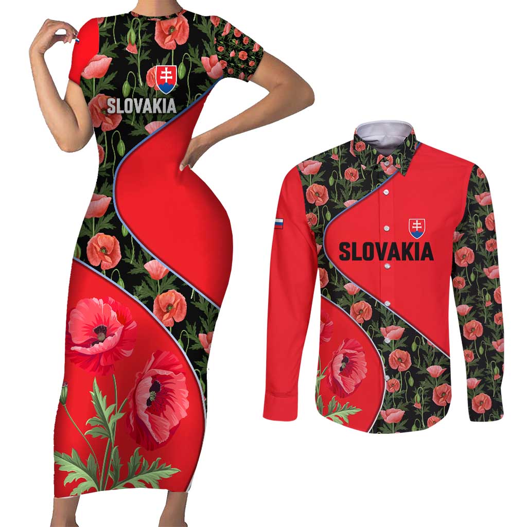 Slovakia Coat of Arms Couples Matching Short Sleeve Bodycon Dress and Long Sleeve Button Shirt with Red Poppy Flowers and Bold Flag Colors Design - Wonder Print Shop