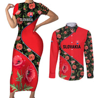 Slovakia Coat of Arms Couples Matching Short Sleeve Bodycon Dress and Long Sleeve Button Shirt with Red Poppy Flowers and Bold Flag Colors Design - Wonder Print Shop