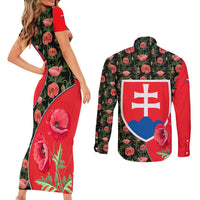 Slovakia Coat of Arms Couples Matching Short Sleeve Bodycon Dress and Long Sleeve Button Shirt with Red Poppy Flowers and Bold Flag Colors Design - Wonder Print Shop
