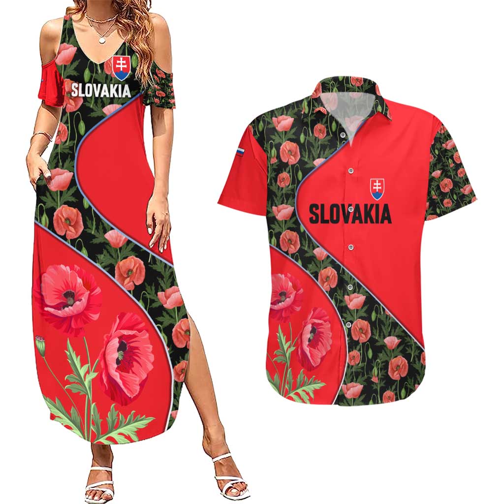 Slovakia Coat of Arms Couples Matching Summer Maxi Dress and Hawaiian Shirt with Red Poppy Flowers and Bold Flag Colors Design - Wonder Print Shop