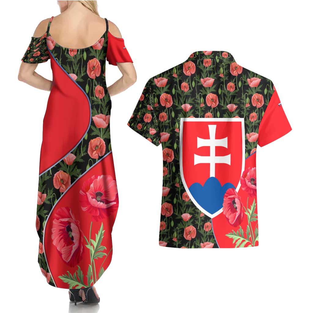 Slovakia Coat of Arms Couples Matching Summer Maxi Dress and Hawaiian Shirt with Red Poppy Flowers and Bold Flag Colors Design - Wonder Print Shop