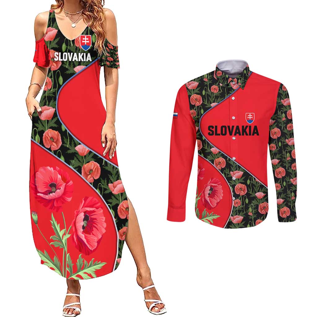Slovakia Coat of Arms Couples Matching Summer Maxi Dress and Long Sleeve Button Shirt with Red Poppy Flowers and Bold Flag Colors Design - Wonder Print Shop