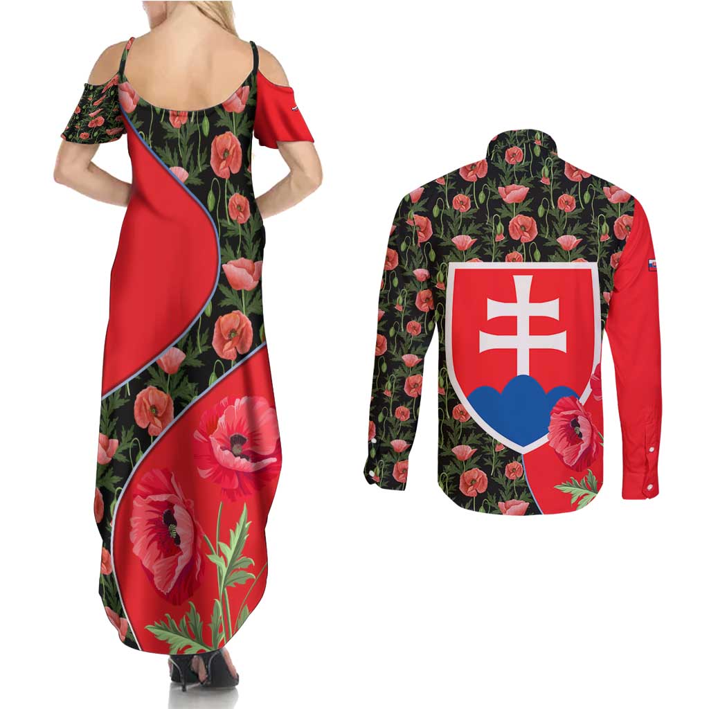 Slovakia Coat of Arms Couples Matching Summer Maxi Dress and Long Sleeve Button Shirt with Red Poppy Flowers and Bold Flag Colors Design - Wonder Print Shop