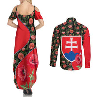 Slovakia Coat of Arms Couples Matching Summer Maxi Dress and Long Sleeve Button Shirt with Red Poppy Flowers and Bold Flag Colors Design - Wonder Print Shop