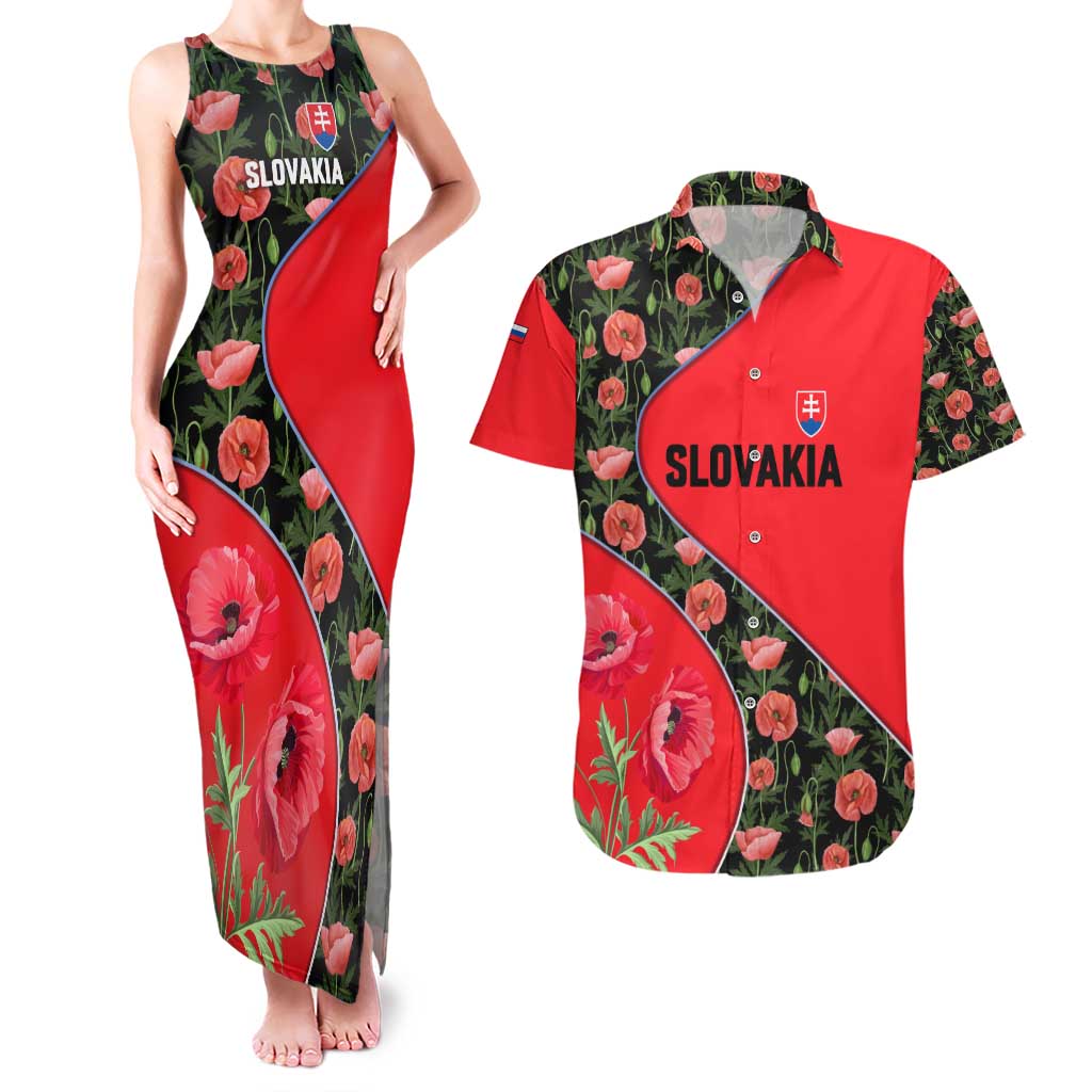 Slovakia Coat of Arms Couples Matching Tank Maxi Dress and Hawaiian Shirt with Red Poppy Flowers and Bold Flag Colors Design - Wonder Print Shop
