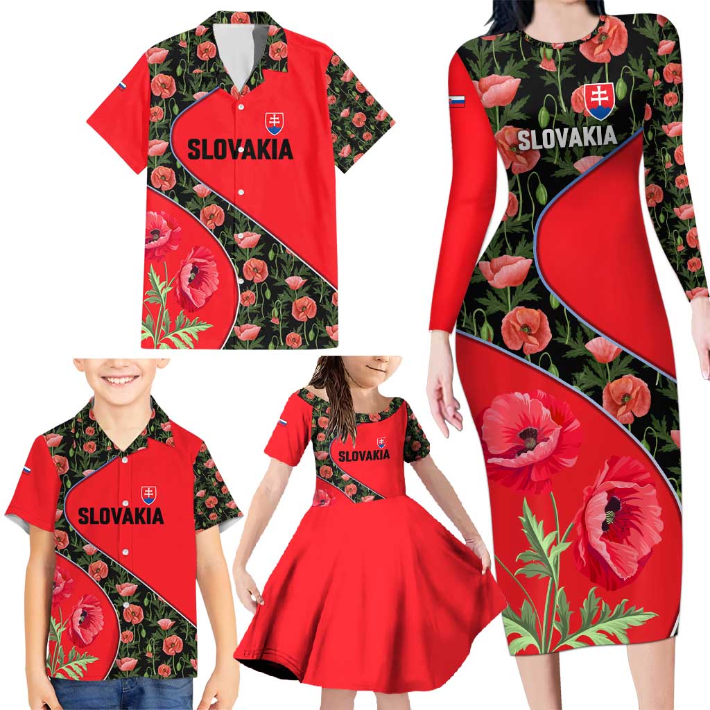 Slovakia Coat of Arms Family Matching Long Sleeve Bodycon Dress and Hawaiian Shirt with Red Poppy Flowers and Bold Flag Colors Design - Wonder Print Shop