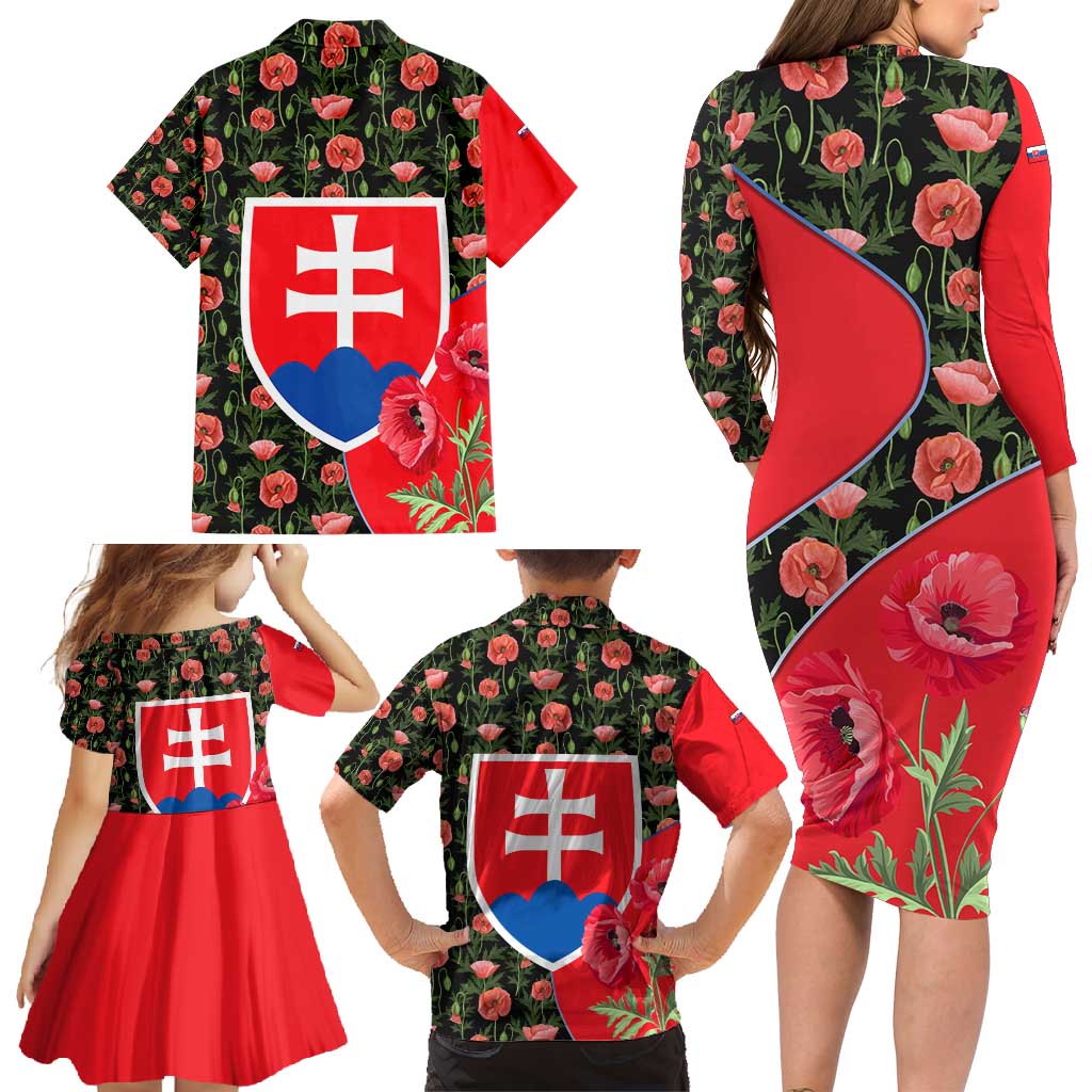 Slovakia Coat of Arms Family Matching Long Sleeve Bodycon Dress and Hawaiian Shirt with Red Poppy Flowers and Bold Flag Colors Design - Wonder Print Shop