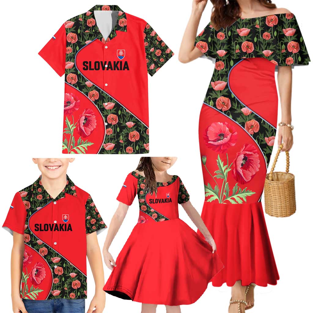 Slovakia Coat of Arms Family Matching Mermaid Dress and Hawaiian Shirt with Red Poppy Flowers and Bold Flag Colors Design - Wonder Print Shop