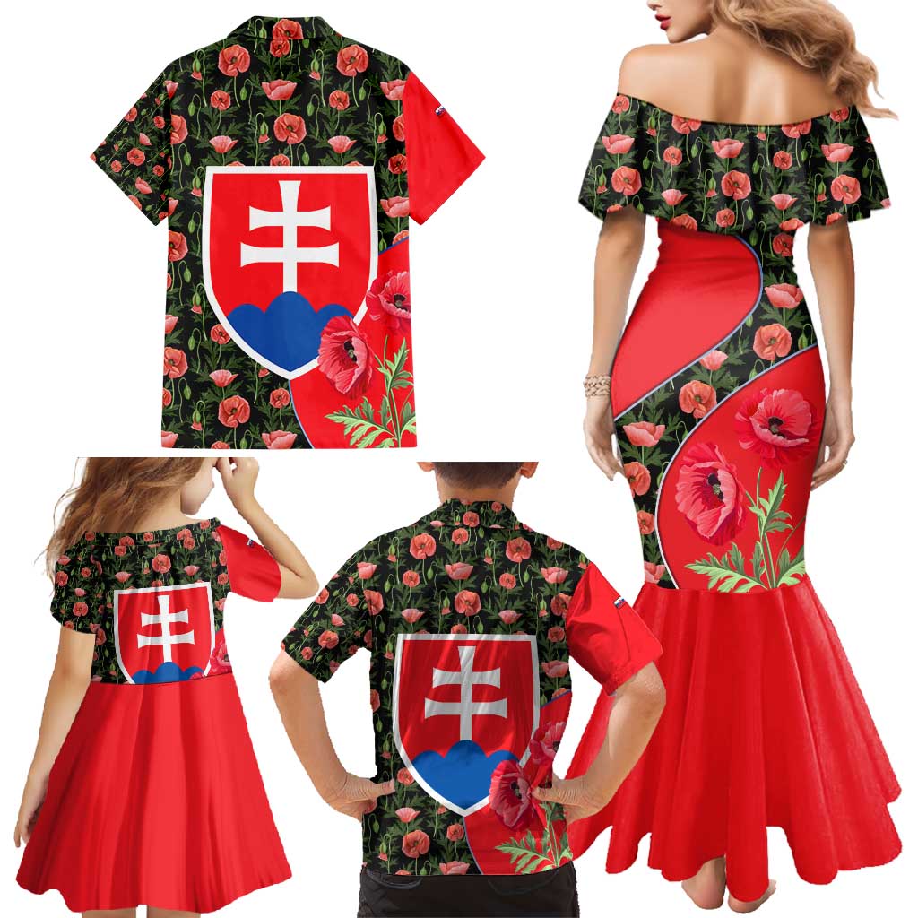 Slovakia Coat of Arms Family Matching Mermaid Dress and Hawaiian Shirt with Red Poppy Flowers and Bold Flag Colors Design - Wonder Print Shop