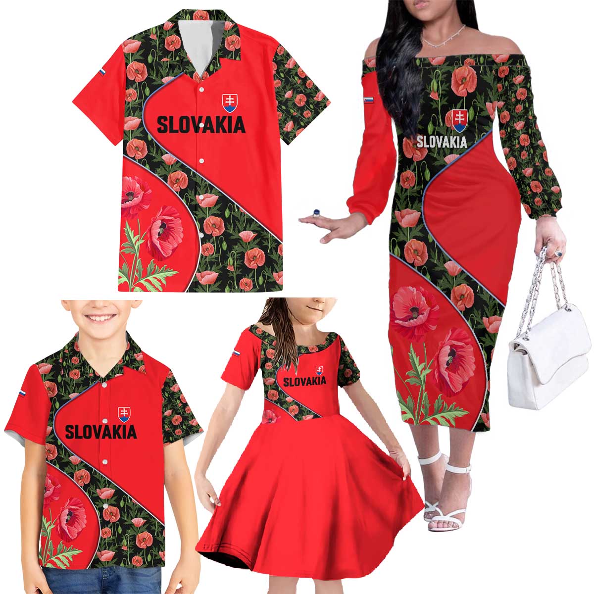 Slovakia Coat of Arms Family Matching Off The Shoulder Long Sleeve Dress and Hawaiian Shirt with Red Poppy Flowers and Bold Flag Colors Design - Wonder Print Shop