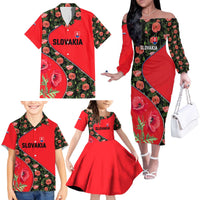 Slovakia Coat of Arms Family Matching Off The Shoulder Long Sleeve Dress and Hawaiian Shirt with Red Poppy Flowers and Bold Flag Colors Design - Wonder Print Shop