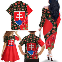 Slovakia Coat of Arms Family Matching Off The Shoulder Long Sleeve Dress and Hawaiian Shirt with Red Poppy Flowers and Bold Flag Colors Design - Wonder Print Shop