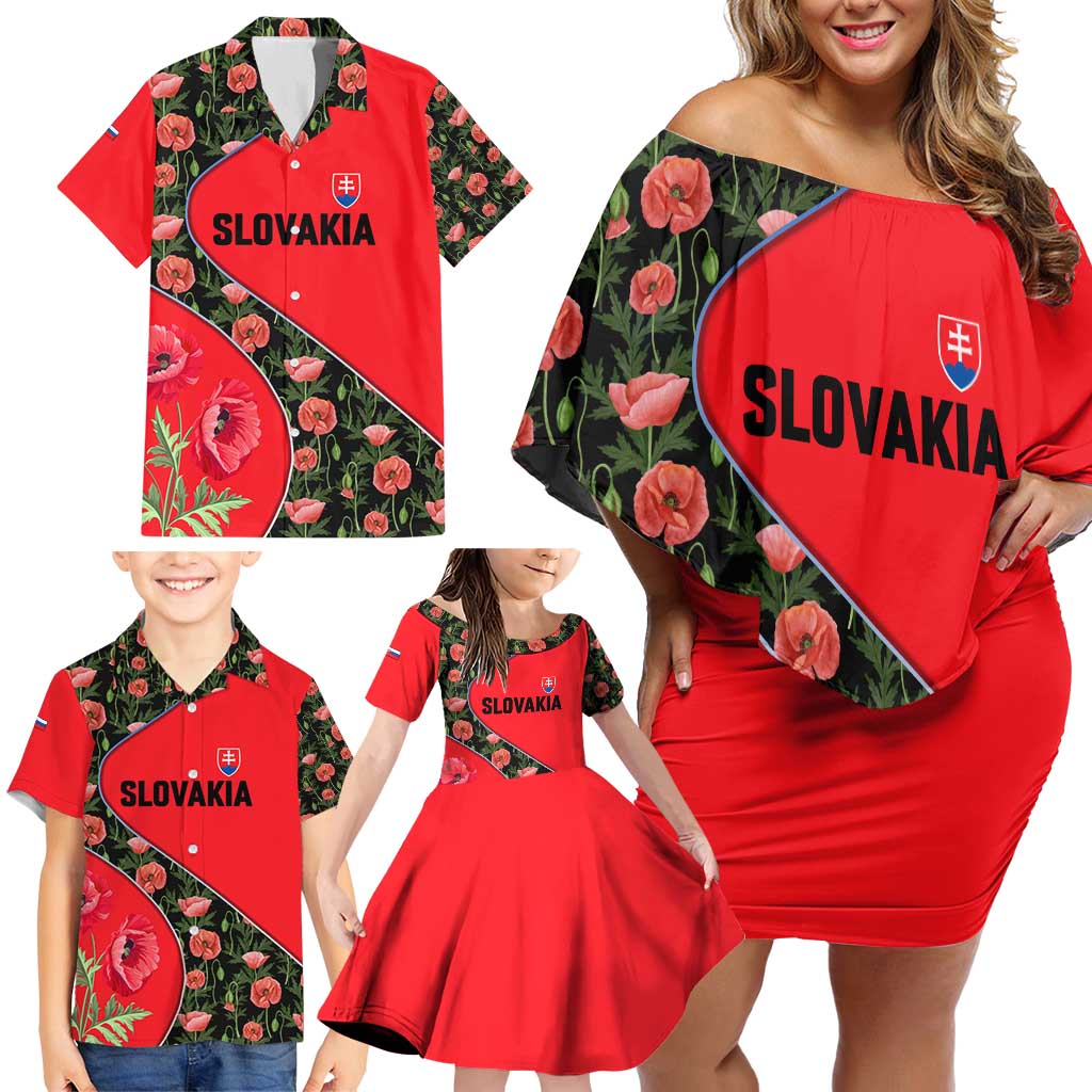 Slovakia Coat of Arms Family Matching Off Shoulder Short Dress and Hawaiian Shirt with Red Poppy Flowers and Bold Flag Colors Design - Wonder Print Shop