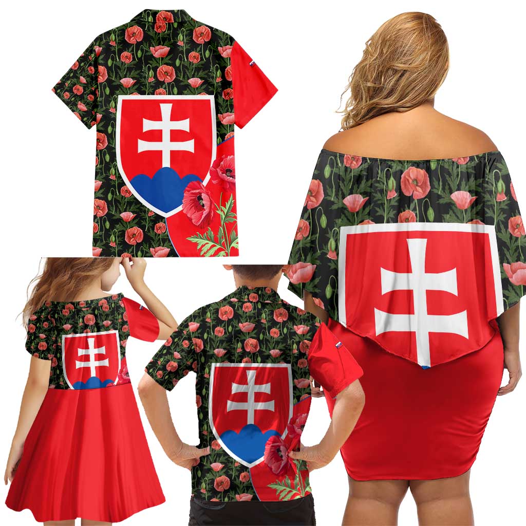 Slovakia Coat of Arms Family Matching Off Shoulder Short Dress and Hawaiian Shirt with Red Poppy Flowers and Bold Flag Colors Design - Wonder Print Shop