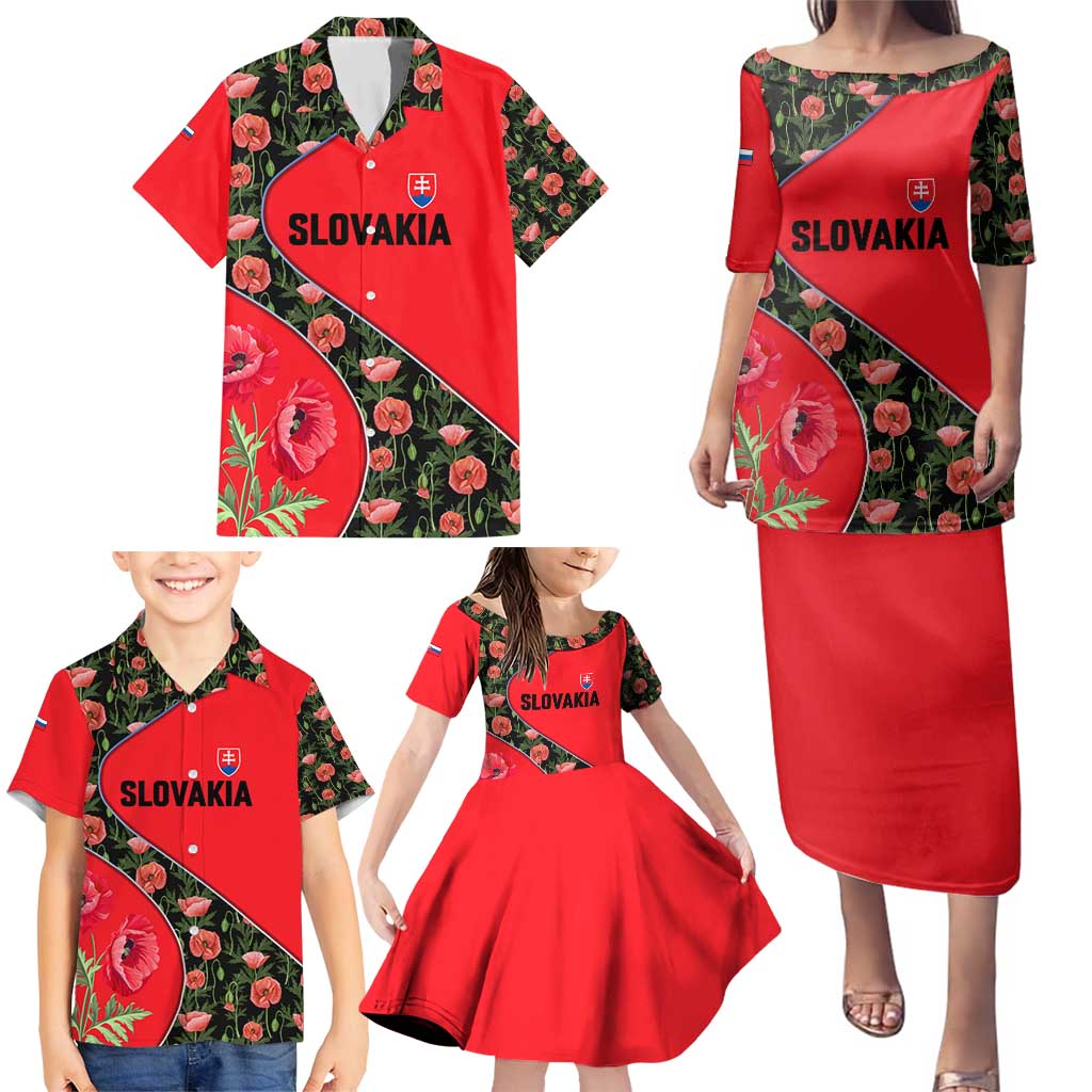Slovakia Coat of Arms Family Matching Puletasi and Hawaiian Shirt with Red Poppy Flowers and Bold Flag Colors Design - Wonder Print Shop