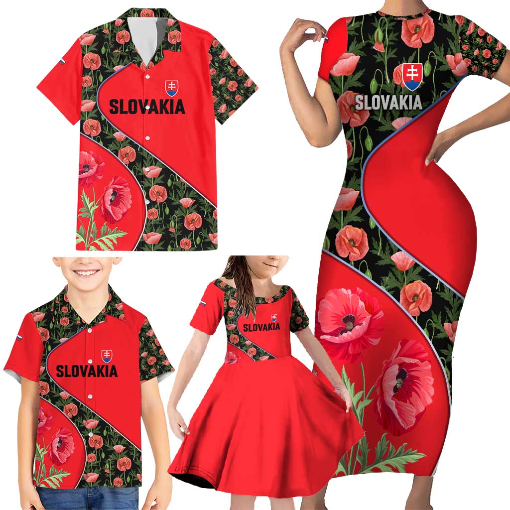Slovakia Coat of Arms Family Matching Short Sleeve Bodycon Dress and Hawaiian Shirt with Red Poppy Flowers and Bold Flag Colors Design - Wonder Print Shop