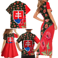 Slovakia Coat of Arms Family Matching Short Sleeve Bodycon Dress and Hawaiian Shirt with Red Poppy Flowers and Bold Flag Colors Design - Wonder Print Shop