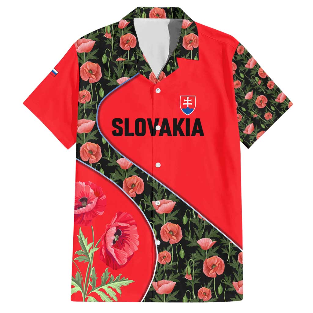 Slovakia Coat of Arms Family Matching Short Sleeve Bodycon Dress and Hawaiian Shirt with Red Poppy Flowers and Bold Flag Colors Design - Wonder Print Shop