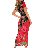 Slovakia Coat of Arms Family Matching Short Sleeve Bodycon Dress and Hawaiian Shirt with Red Poppy Flowers and Bold Flag Colors Design - Wonder Print Shop
