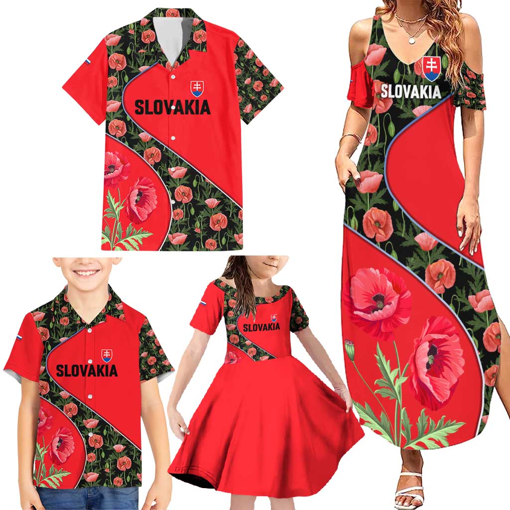 Slovakia Coat of Arms Family Matching Summer Maxi Dress and Hawaiian Shirt with Red Poppy Flowers and Bold Flag Colors Design - Wonder Print Shop
