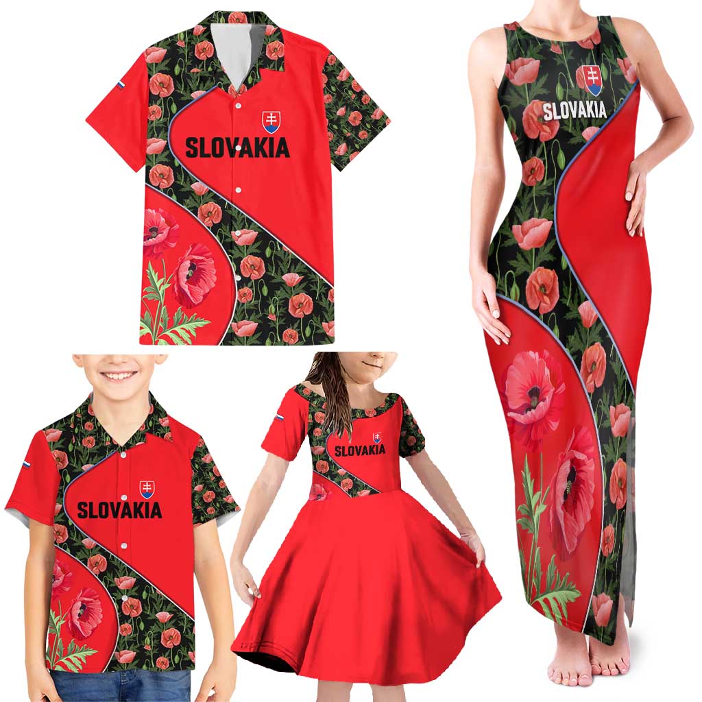 Slovakia Coat of Arms Family Matching Tank Maxi Dress and Hawaiian Shirt with Red Poppy Flowers and Bold Flag Colors Design - Wonder Print Shop