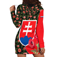 Slovakia Coat of Arms Hoodie Dress with Red Poppy Flowers and Bold Flag Colors Design - Wonder Print Shop
