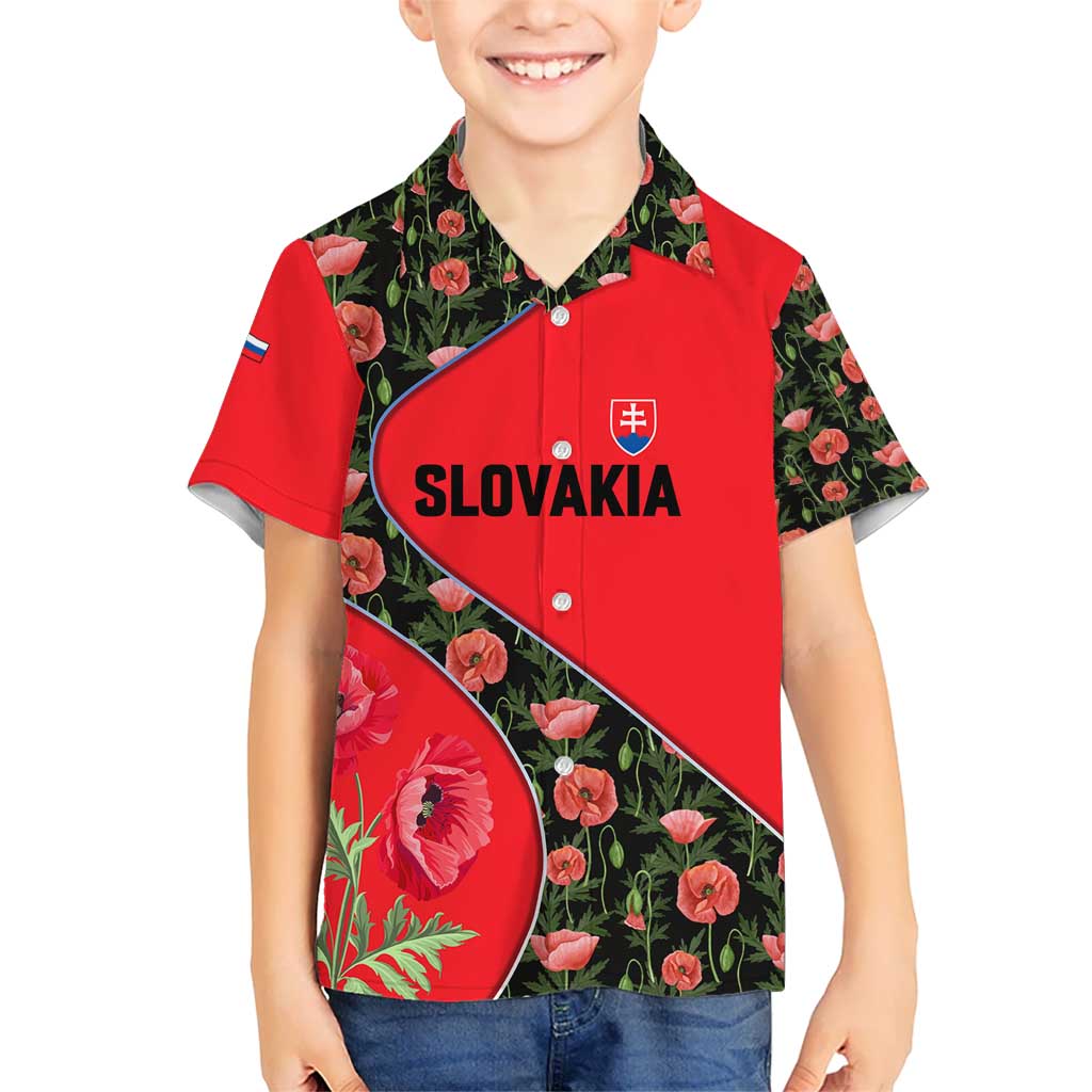 Slovakia Coat of Arms Kid Hawaiian Shirt with Red Poppy Flowers and Bold Flag Colors Design - Wonder Print Shop