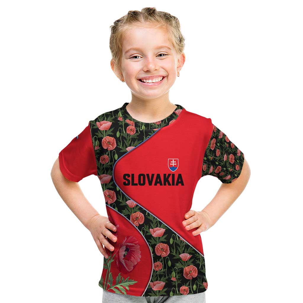 Slovakia Coat of Arms Kid T Shirt with Red Poppy Flowers and Bold Flag Colors Design - Wonder Print Shop