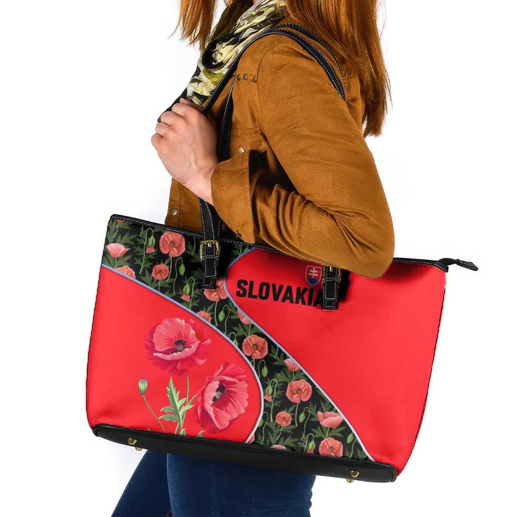 Slovakia Coat of Arms Leather Tote Bag with Red Poppy Flowers and Bold Flag Colors Design - Wonder Print Shop
