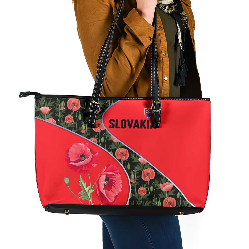 Slovakia Coat of Arms Leather Tote Bag with Red Poppy Flowers and Bold Flag Colors Design - Wonder Print Shop