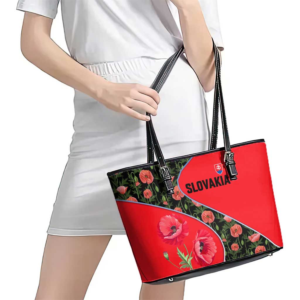 Slovakia Coat of Arms Leather Tote Bag with Red Poppy Flowers and Bold Flag Colors Design - Wonder Print Shop