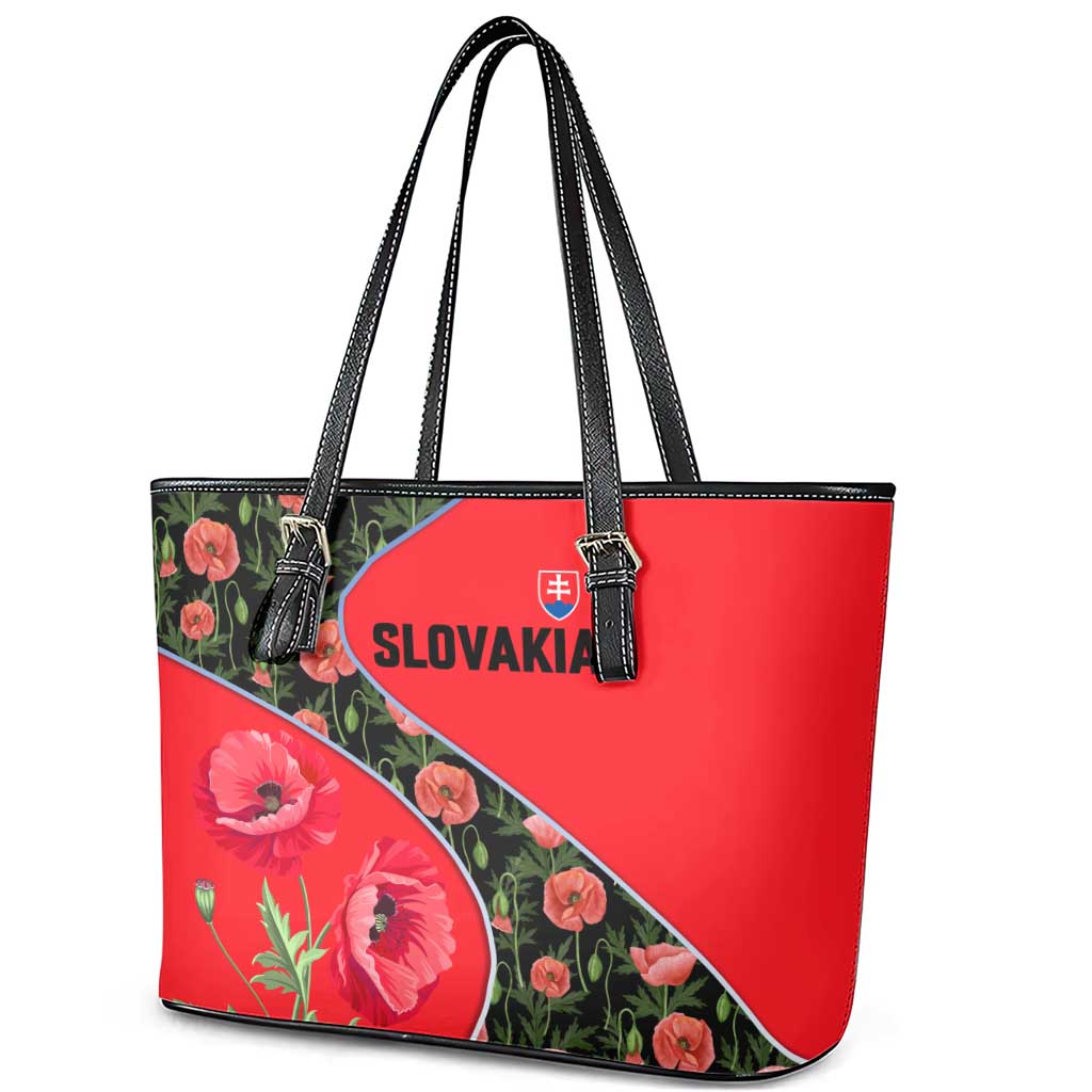 Slovakia Coat of Arms Leather Tote Bag with Red Poppy Flowers and Bold Flag Colors Design - Wonder Print Shop